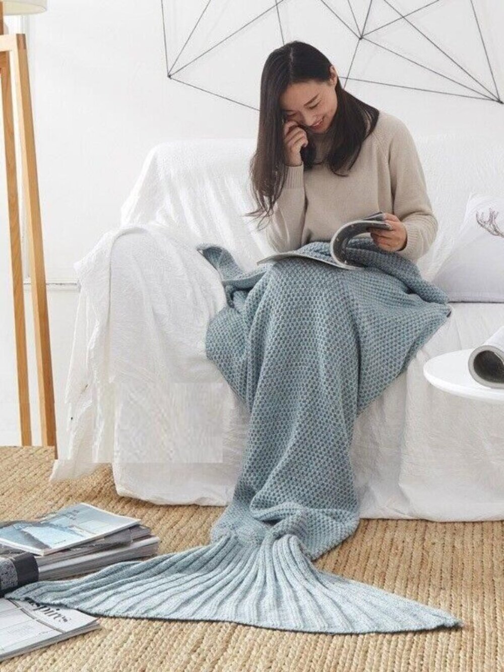 NWT COZY COTTON KNIT MERMAID TAIL BLANKET, 50CM X 90CM, TEAL